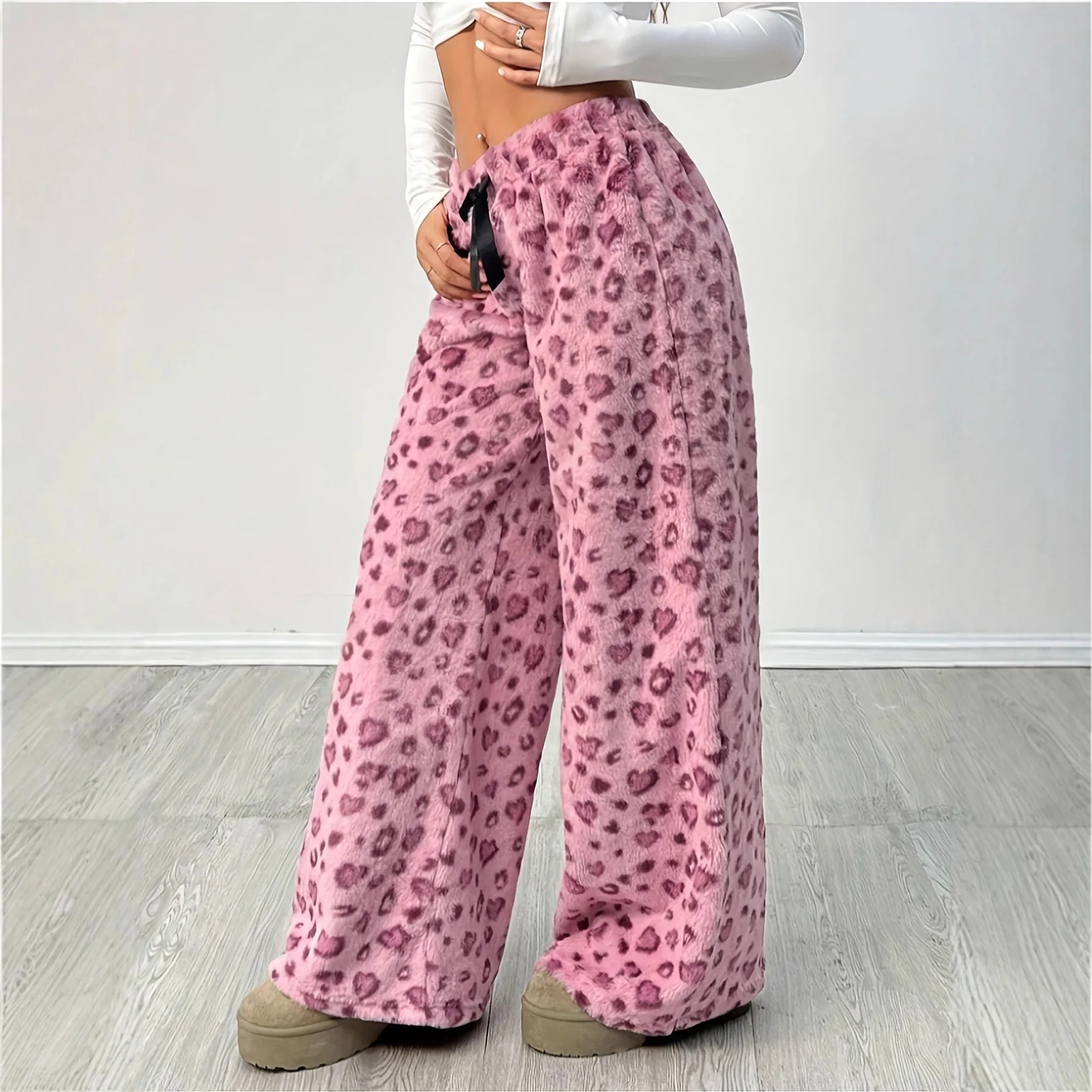 秋と冬の新しいカジュアルパンツ、女性のニッチファッション、ヒョウ柄、ドローストリング、伸縮性のある豪華なストレートレッグワイドレッグパンツ