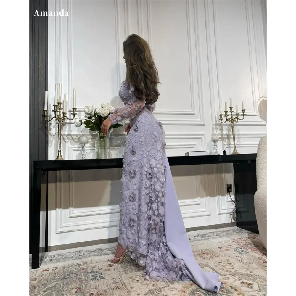 Amanda Lavender Chiffon Party Dresses FLowers Appliques vestidos de fiesta Elegant Long Sleeves Mermaid Strapless فساتين سهرة