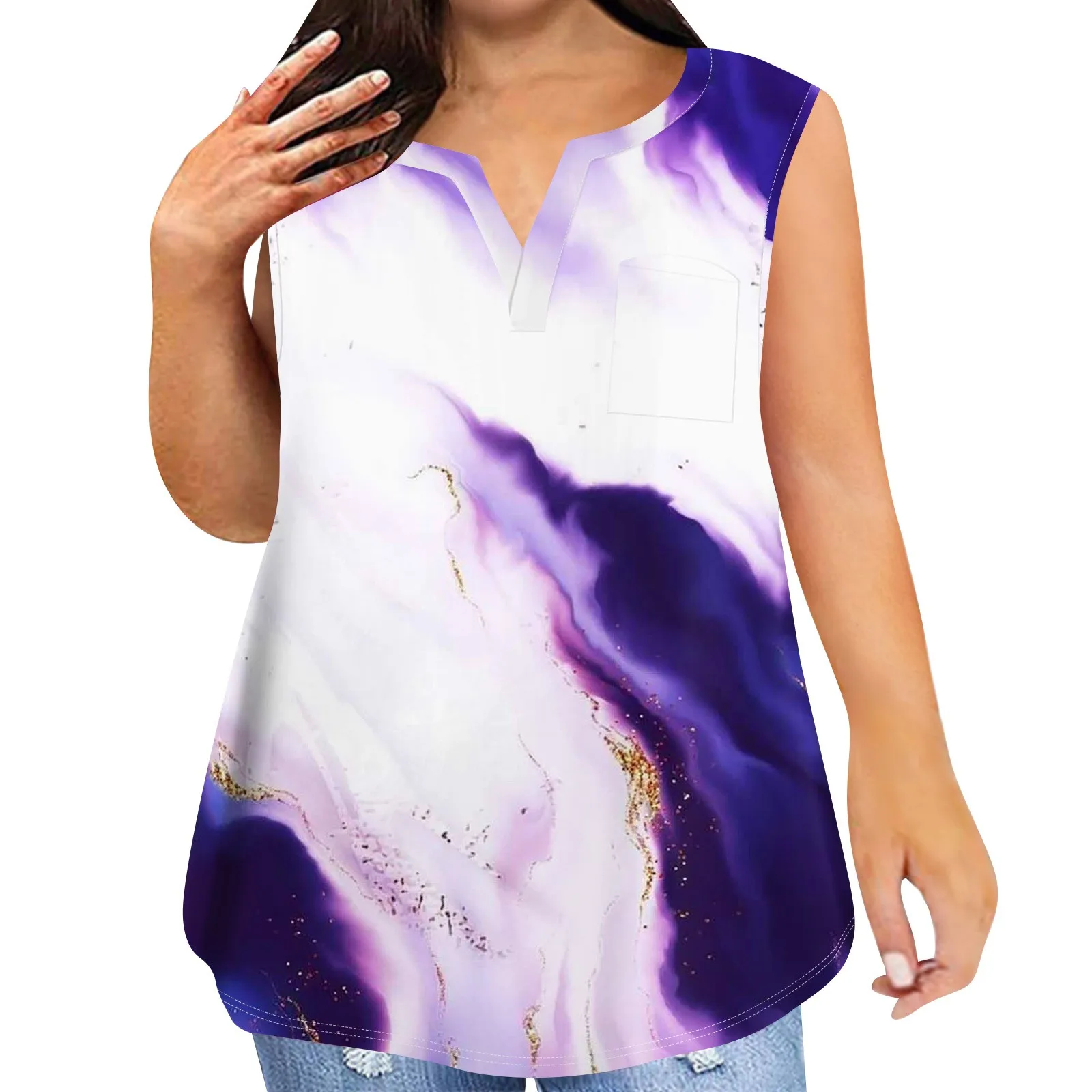 Women's T-shirt Summer Fashion Sleeveless Tops Marble Print V Neck Casual T Shirt For Women's Y2k Clothes Plus Size Tees