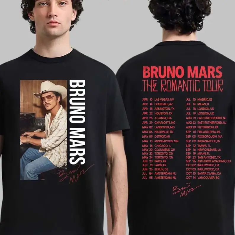

Retro Romantic Concert Shirt With 2026 Music Tour Line, Vintage Front Portrait Back List World Tour Style For Pop Soul Fans