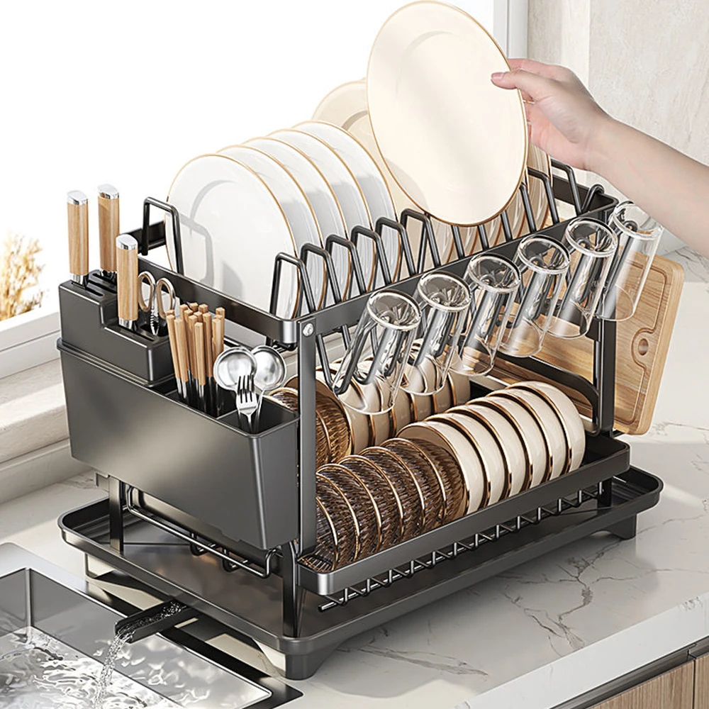 Étagère de rangement de cuisine à 2 niveaux, égouttoir à vaisselle et bols, organisateur de couverts rotatif à 360 degrés avec égouttoir pratique, support de vaisselle en acier au carbone, égouttoir