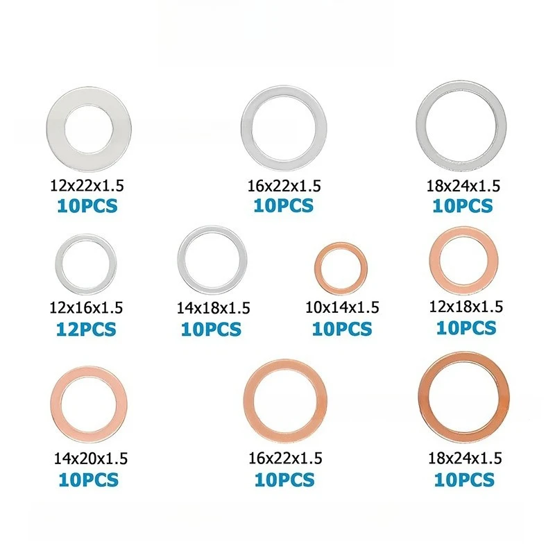102PCS M10-M18 Oil Drain Crush Washers Kit, Aluminum & Copper Flat Gaskets for Oil Drain Plug