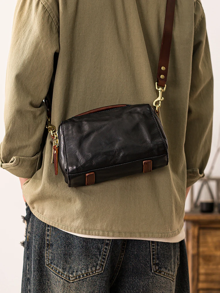 simple luxury vegetable tanned cowhide men's black shoulder bag Fashion handmade genuine leather pleated teens crossbody bag