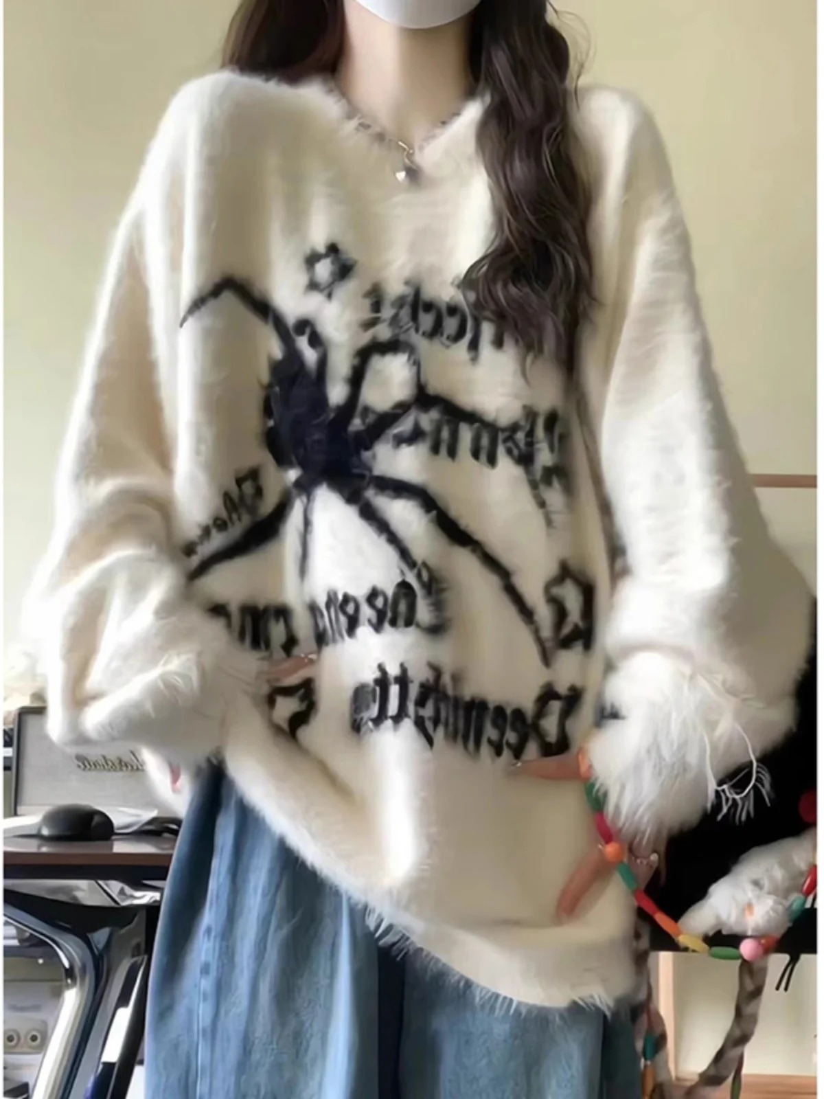 

Spider round Ne Sweater Women Autumn Winter Lazy Sle Middle School Girl Base irt Warm Thermal Long Sve Cartoon Pattern