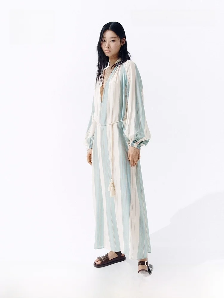 

H&M Women's Dress Summer New Loose Slow Fashion Waist Belted Stylish Dress Casual Long Sleeve Loose Fit Polyester Rayon