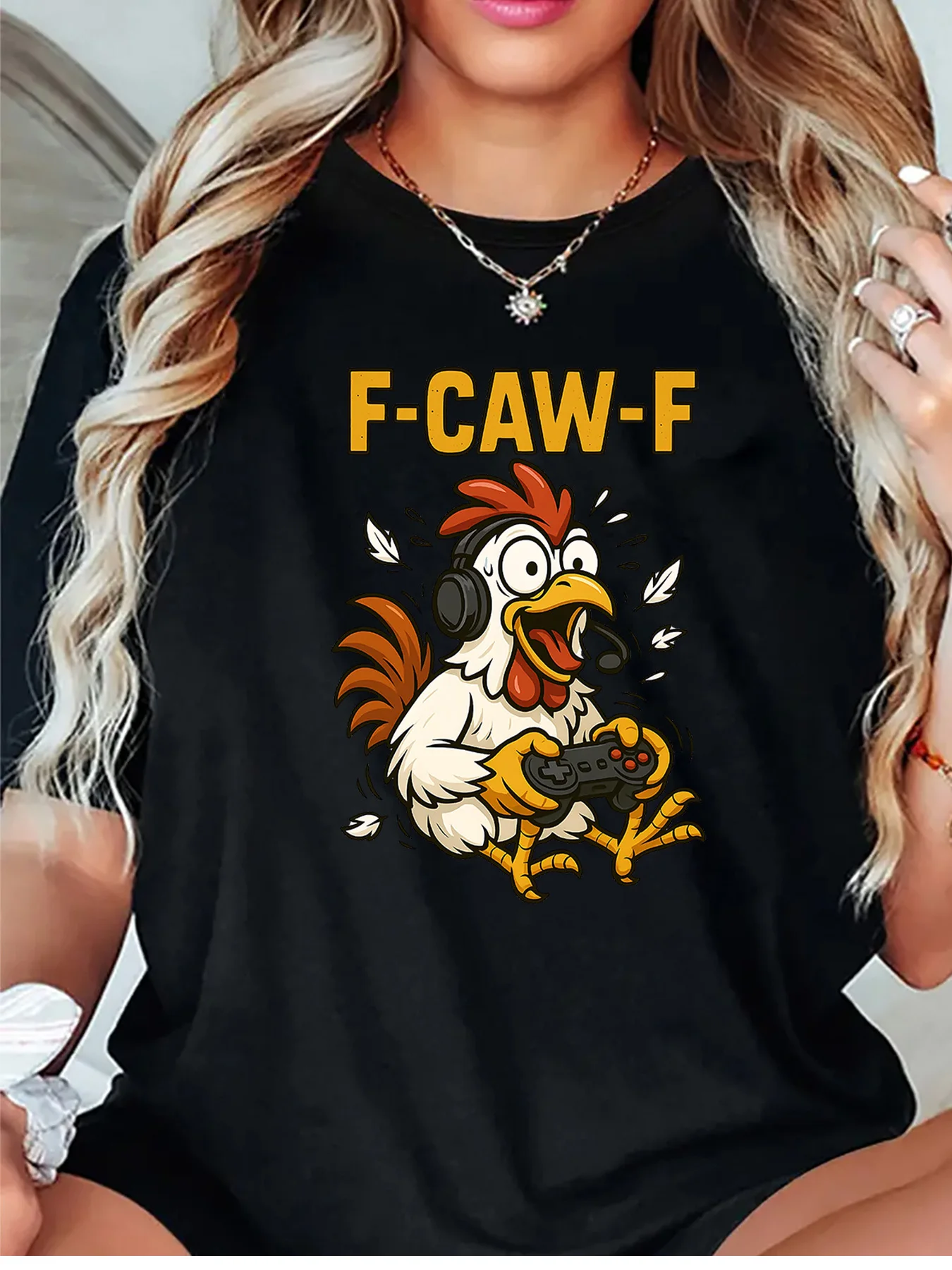 F Caw F Funny Cartoon Rooster Triangle Background Art Graphic Womens T Shirt Short Sleeve Crew Neck Daily Casual Ladies Tee Tops