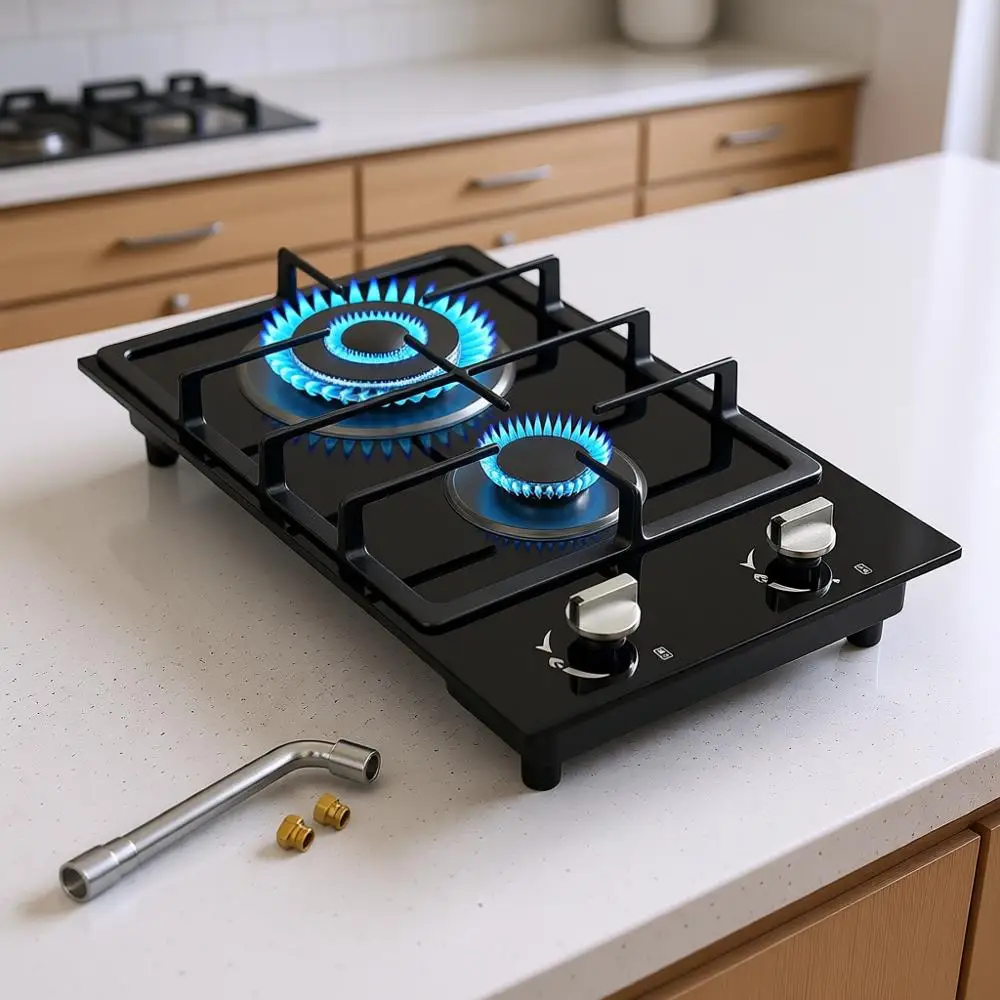 

Portable 12 Dual Fuel Tempered Glass 2-Burner Propane Gas Cooktop with Safety Protection for Outdoor & RV Use