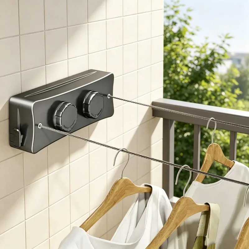 Stainless Steel Retractable Clothes Line 5.1M Double Wire Design Wall Fixed Hanger For Home Balcony Laundry Clothes Drying Use