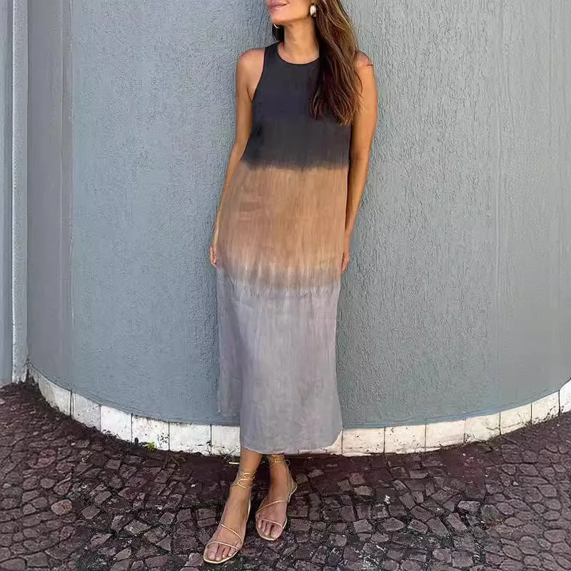 Verão feminino casual sem mangas fenda moda gradiente vestido 2025 temperamento longo vestido sem mangas para mulher
