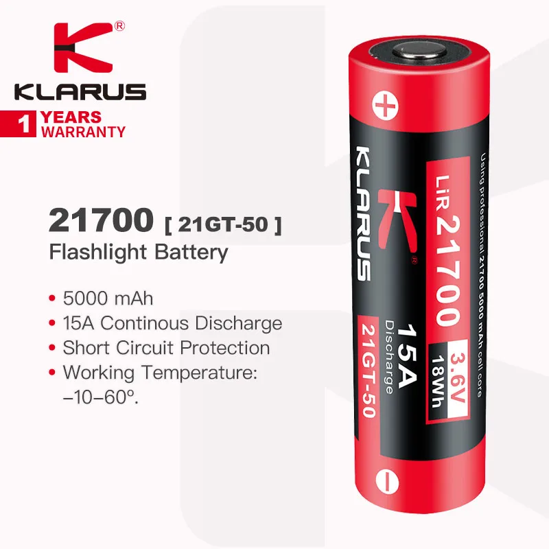 Klarus 21GT-50 21700 Battery for Flashlight, 5000mAh, 3.6V Continues Discharge, Built-in Short Circuit Protection