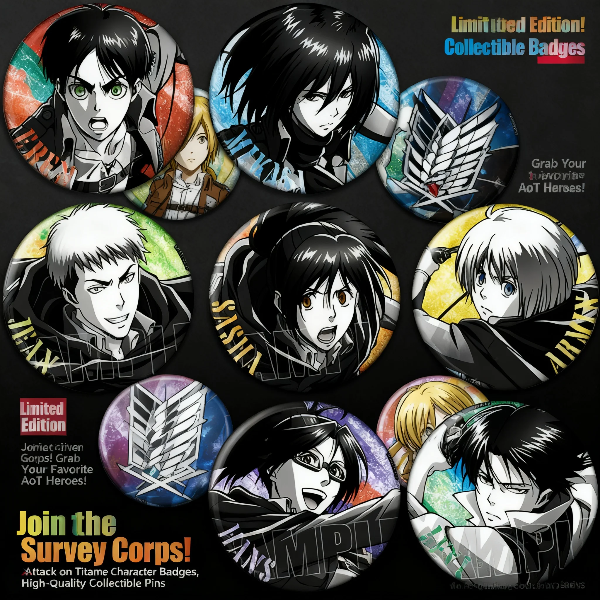 

Набор металлических значков-брошей по аниме «Атака Титанов»: Леви Аккерман, Эрен Йегер, Микаса Аккерман, Хандже Зой, Саша Брауз, Жан Кирштейн