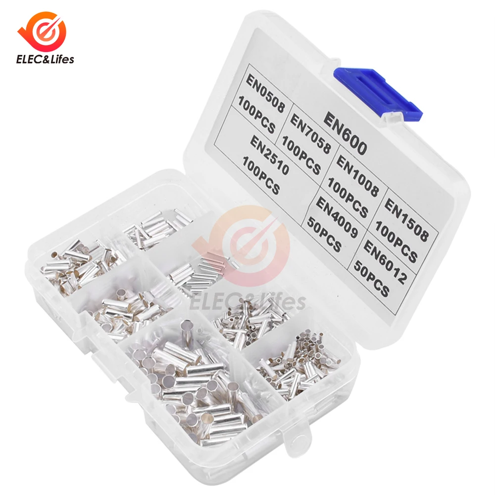 600Pcs 0.5mm2-6mm2 22-10 AWG Non-Insulated Wire Connector Ferrules Electrical Cable Terminal Copper Bare Tinned