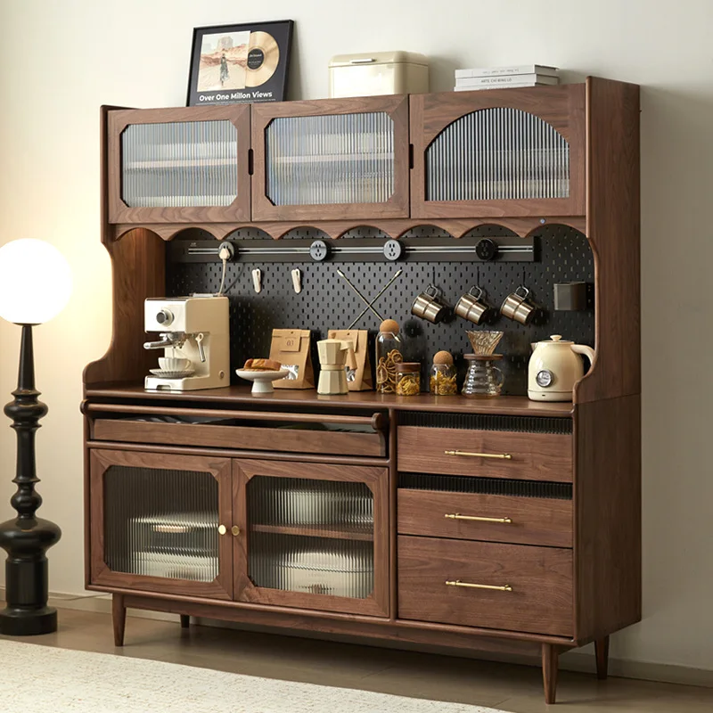 Black walnut dining side cabinet, solid wood against the wall, integrated tea, wine cabinet, hole board, log side coffee cabinet