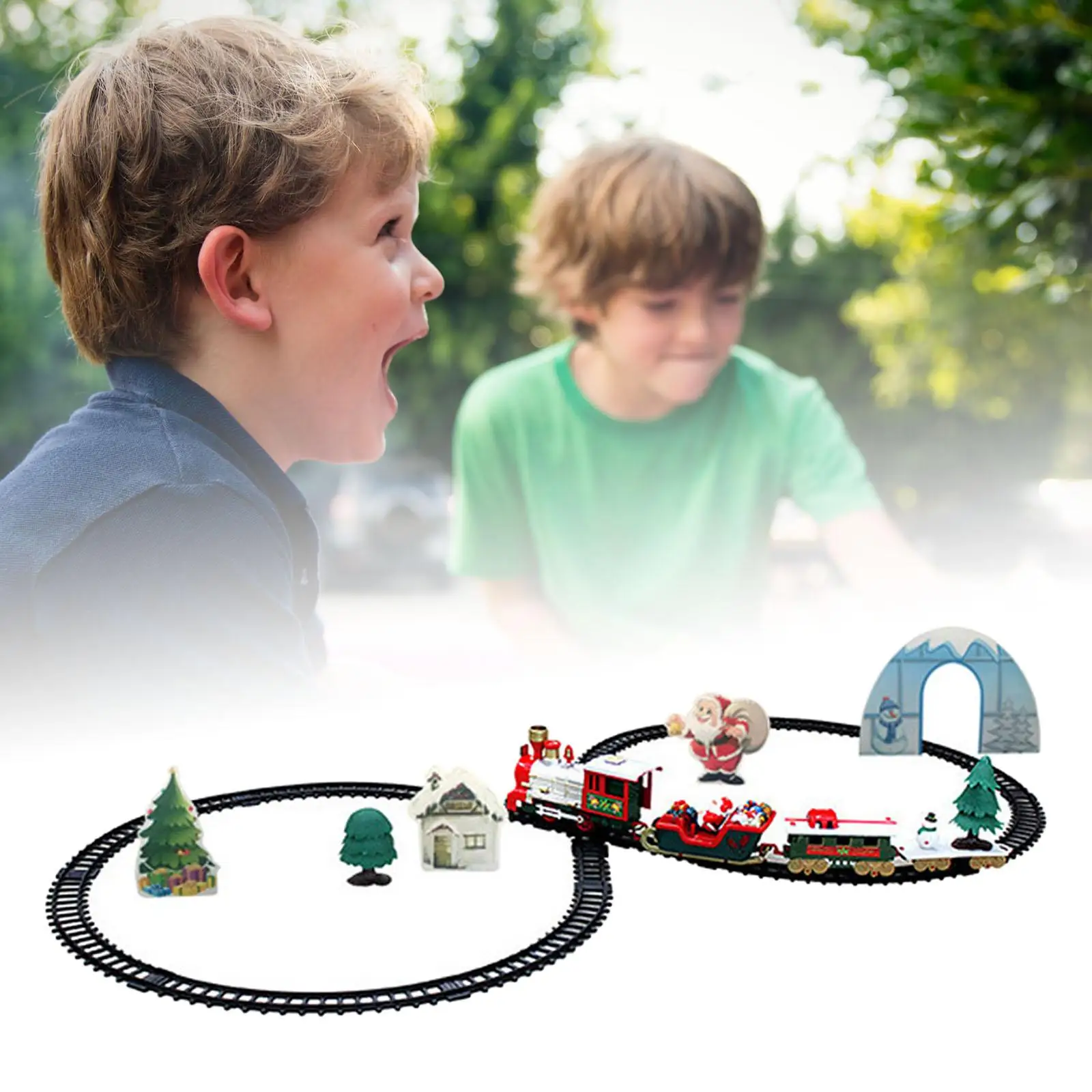 Juego de tren de Navidad eléctrico, juego de vía férrea con motor eléctrico con música, trineo de Papá Noel, muñeco de nieve, regalo de Navidad