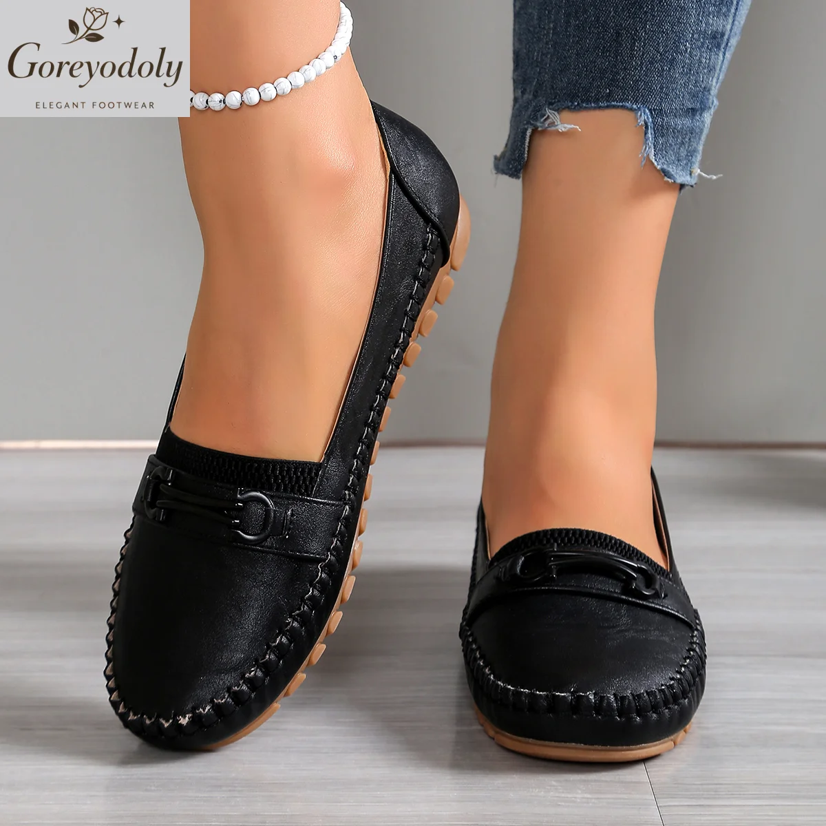Goreyodoly Mocasines cómodos para mujer, ligeros, transpirables, de ajuste ancho, con decoración de cadena