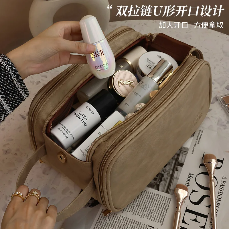 Bolsa de maquillaje multifuncional para mujer, bolsa de almacenamiento de artículos de tocador de cuero PU de gran capacidad, portátil, con doble cremallera, para viaje