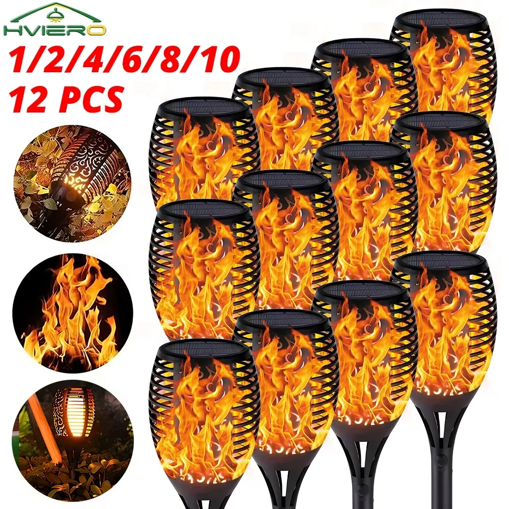 1-12PCS 12LED Solar Flame Torch Lights Flickering Light Waterproof Garden Decoration Outdoor Lawn Path Yard Patio Floor Lamp