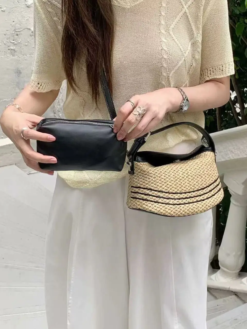 Color Block Woven Shoulder Bag Dumpling Shape Crossbody Lunch Box Bag Artisanal Feel Fashionable Leisure Tote for All
