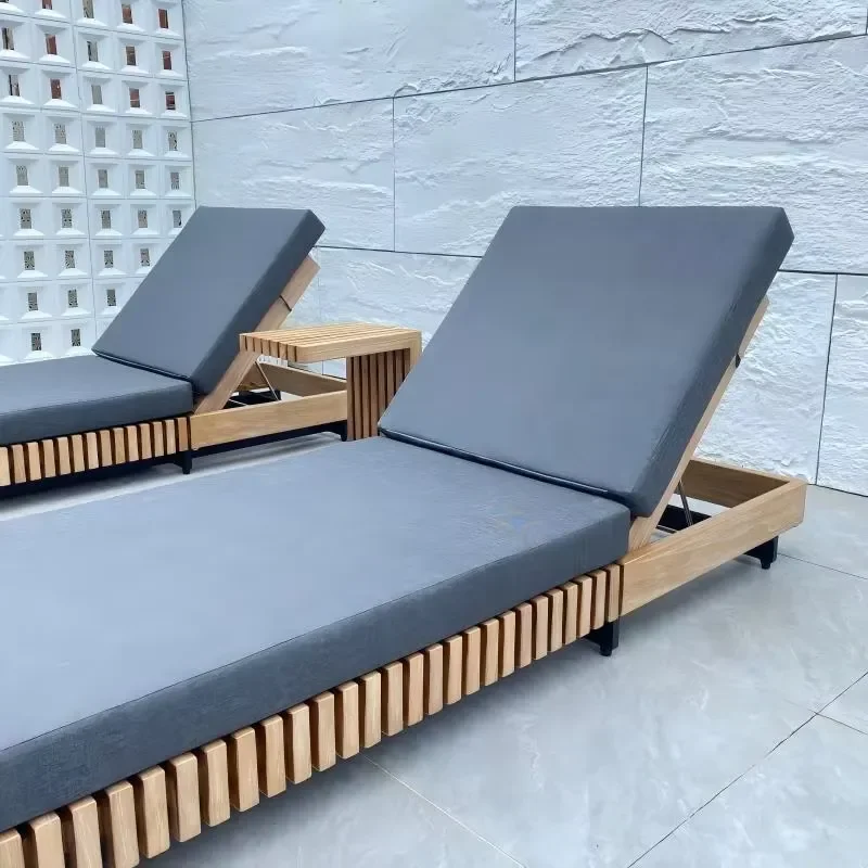 Outdoor Beach Swimming Pool Folding Lounge Chair Sunbed Aluminum Wood Modern Furniture High Quality Park Hotel Use UV