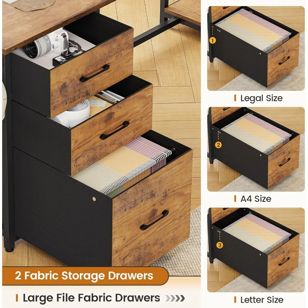 مكتب كمبيوتر على شكل حرف L، مكتب مكتب مقاس 58 بوصة مع 3 أدراج ورف كتب، مكتب زاوية على شكل حرف L مع أرفف تخزين وإضاءة LED