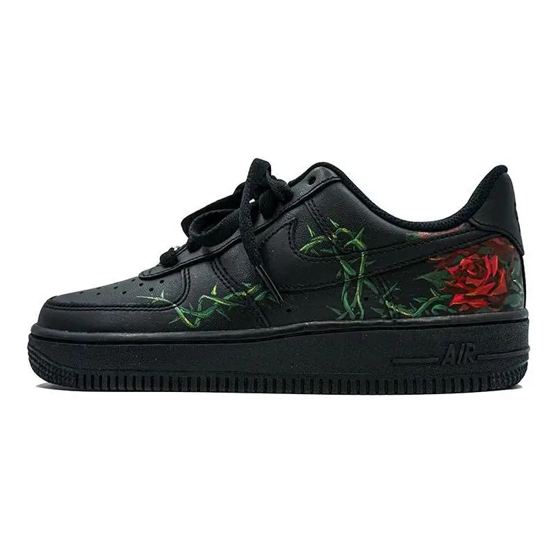 

[Custom Thorny rose hand-painted Valentine's Day]Nike Air Force 1 7 Thermal Coverage Low Top Skateboard Shoes Men's Red Black