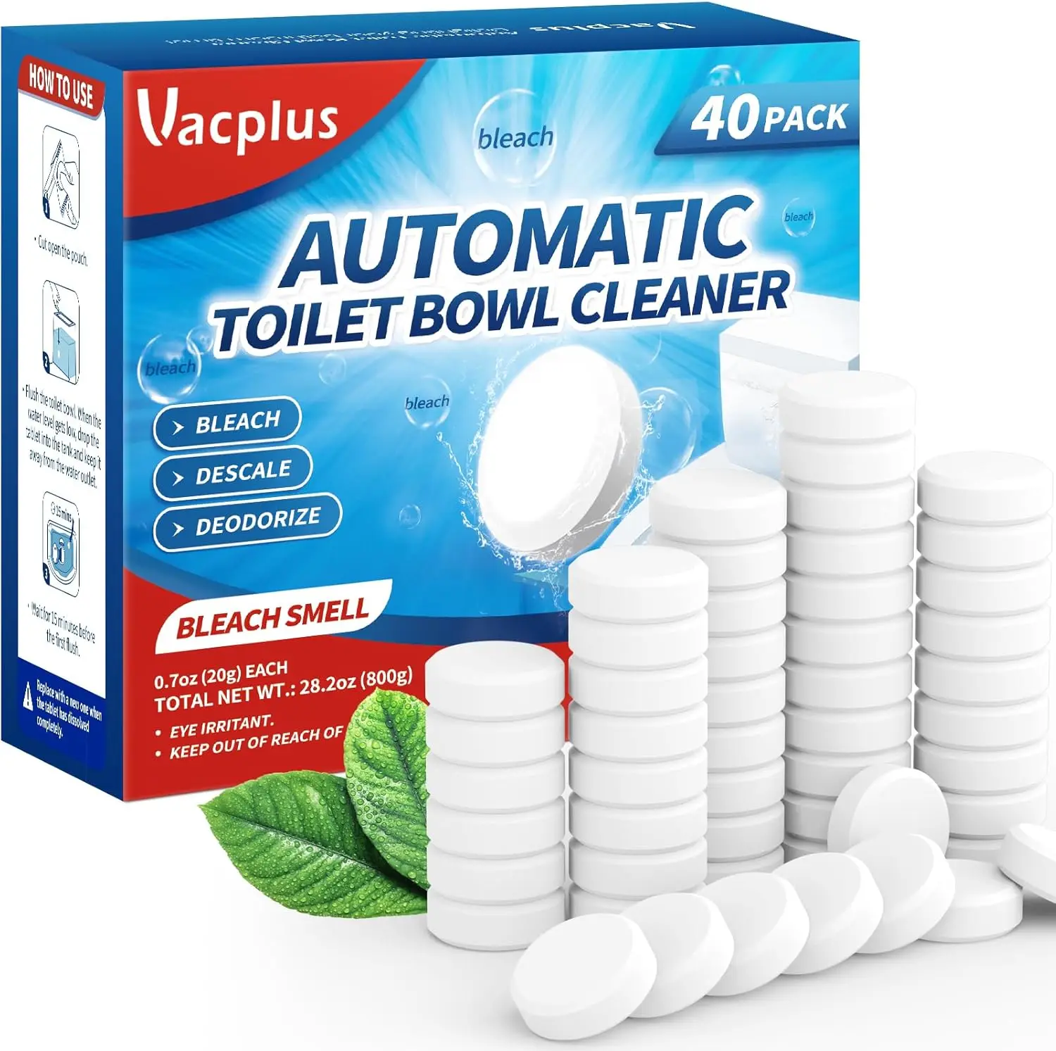 

Toilet Bowl Cleaner Tablets 40 PACK, Automatic Cleaners with Bleach, Slow-Releasing Toilet Tank