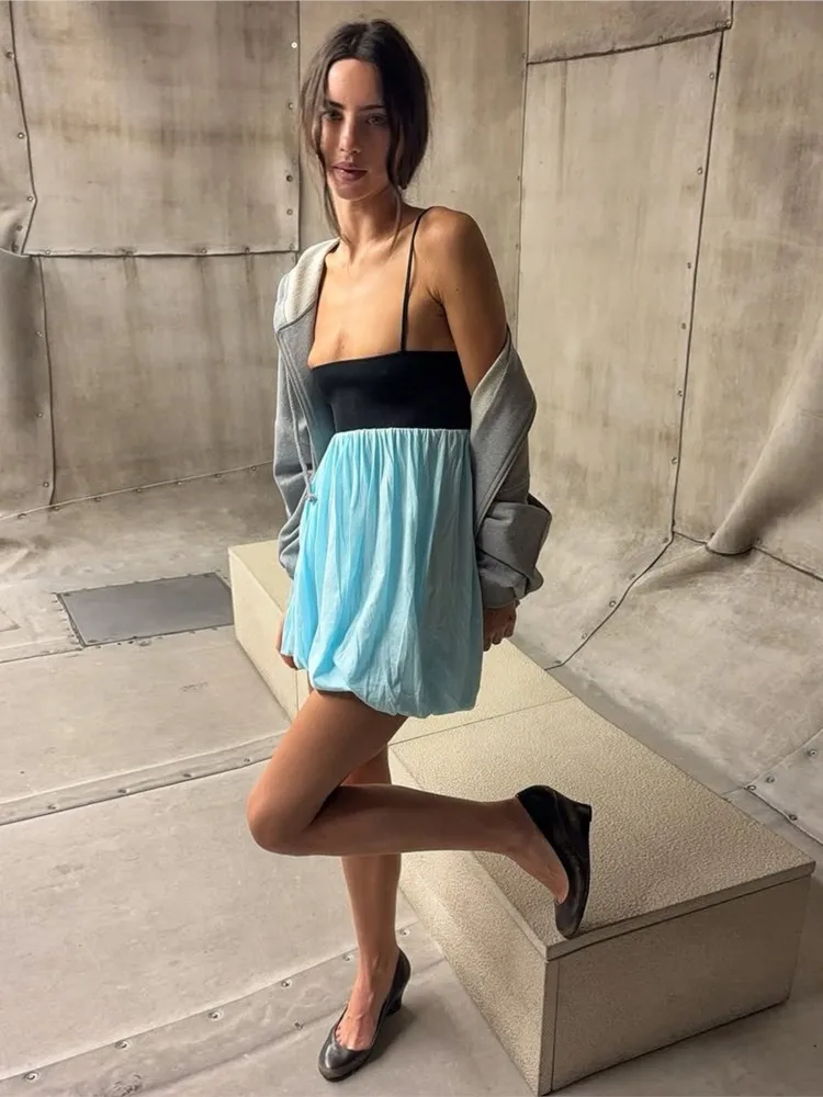 Sexy Women's Contrast Color Suspender Bubble Skirt 2026 Summer Beach Vestidos  Waist Sleeveless Square Neck Backless Dress