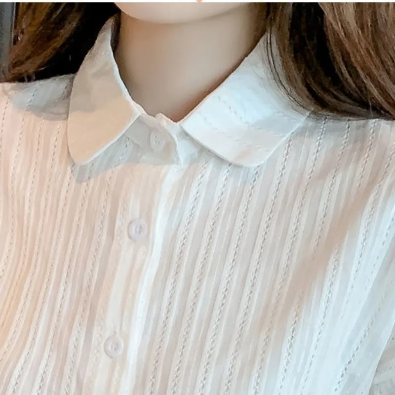 Women\'s 2024 Summer Turndown Collar Blouses Patchwork Button Screw Thread Solid Color All Match Slim Fit Short Sleeved Shirts