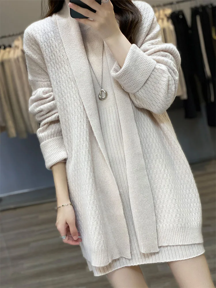 100% Cashmere Wool Coat Cardigan Women\'s 2022 Autumn Winter New V-neck Heavy High-end Knitted Sweater Loose Mid-length Jacket