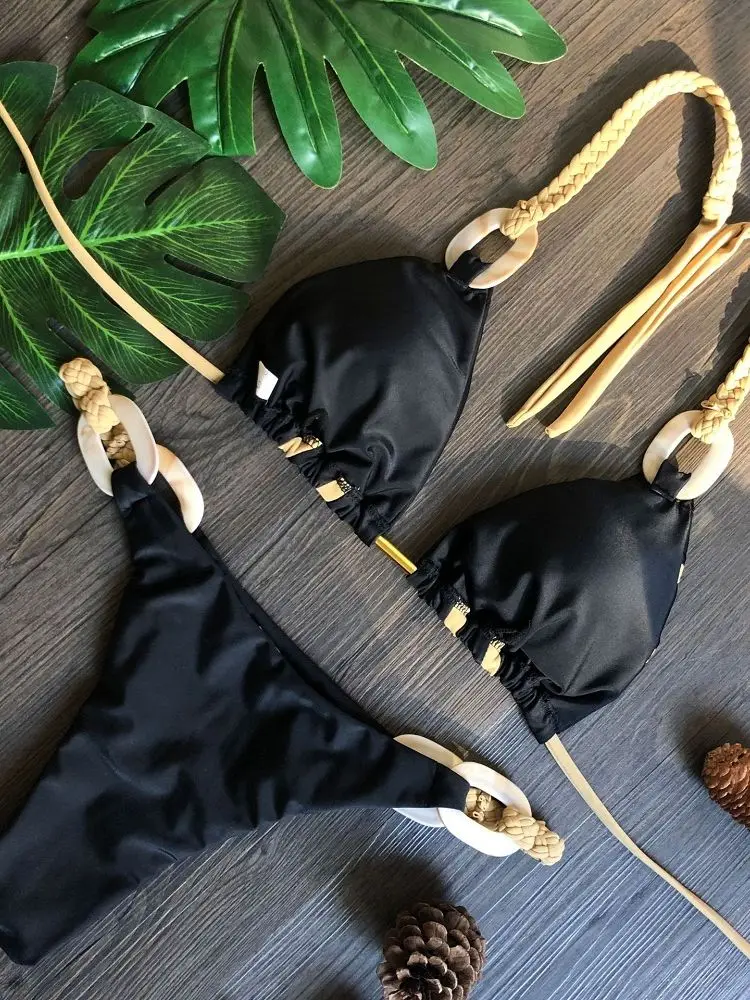 RUOTONGSEPT-Bikini Bandeau negro para mujer, traje de baño con Push-Up, Bikini Sexy con Tanga, traje de baño de retazos con espalda descubierta