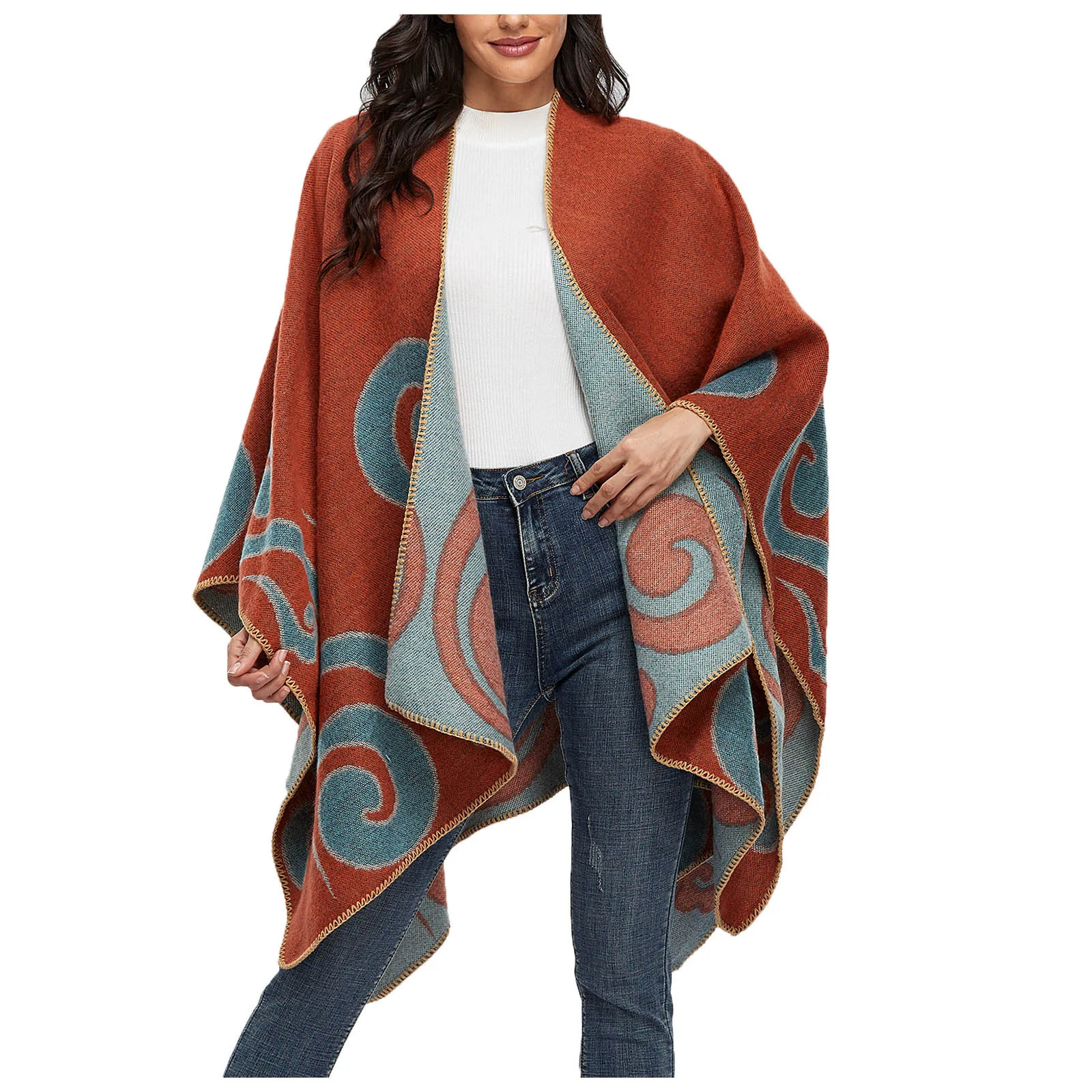 Women Print Poncho Winter Knitted Cashmere Capes Scarf Autumn Winter Cardigans Coat Oversized Shawls Wrap Capas Para Mujer