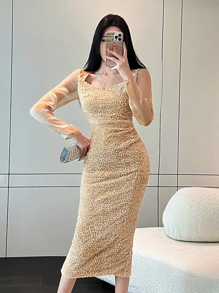 

Fashion Elegant Shiny Sequin Evening Dresses Women Clothing Sweet Sexy Backless Bandage Bow Hollow Robe Party Prom Club Vestidos