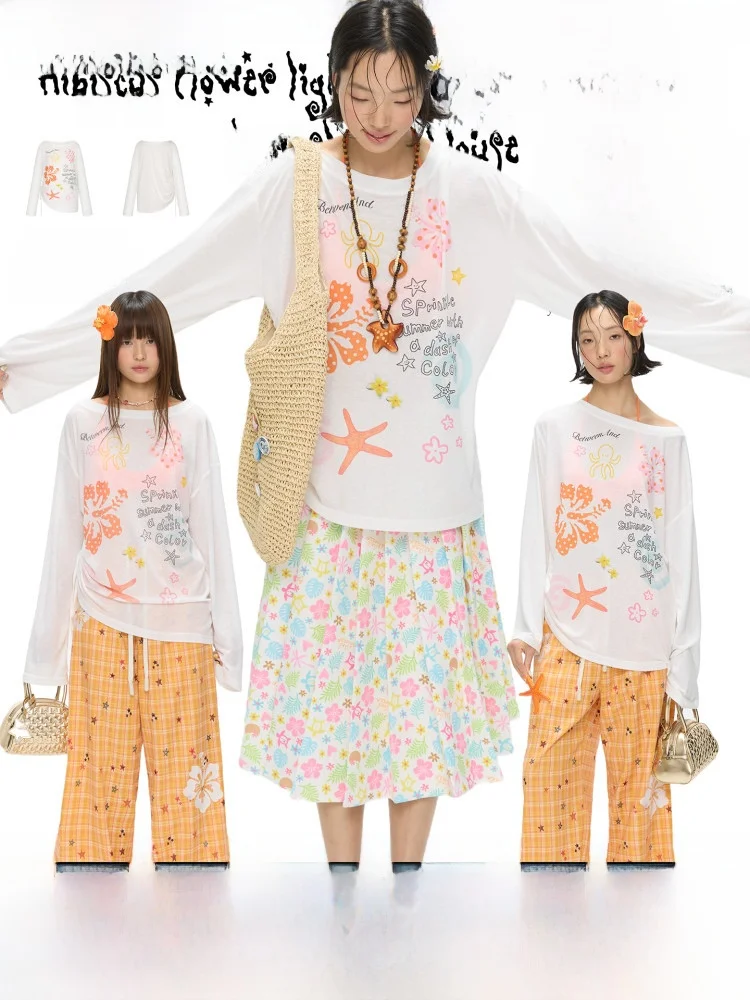 

BENAND Summer Lightweight Long Sve Hibiscus Print Sun Protection Cover up Loose Casual Sle Women's T-irt Faionable