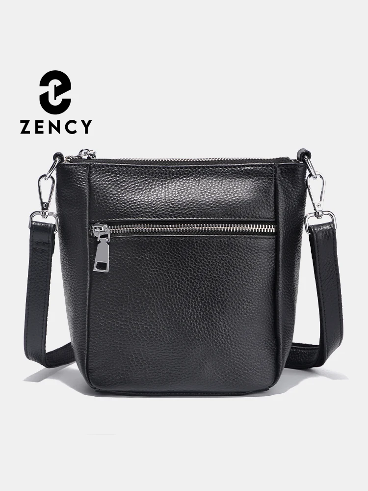 

Zency New Simple Soft Genuine Leather Handbag For Women Solid Color Zipper Shoulder Crossbody with Long Straps