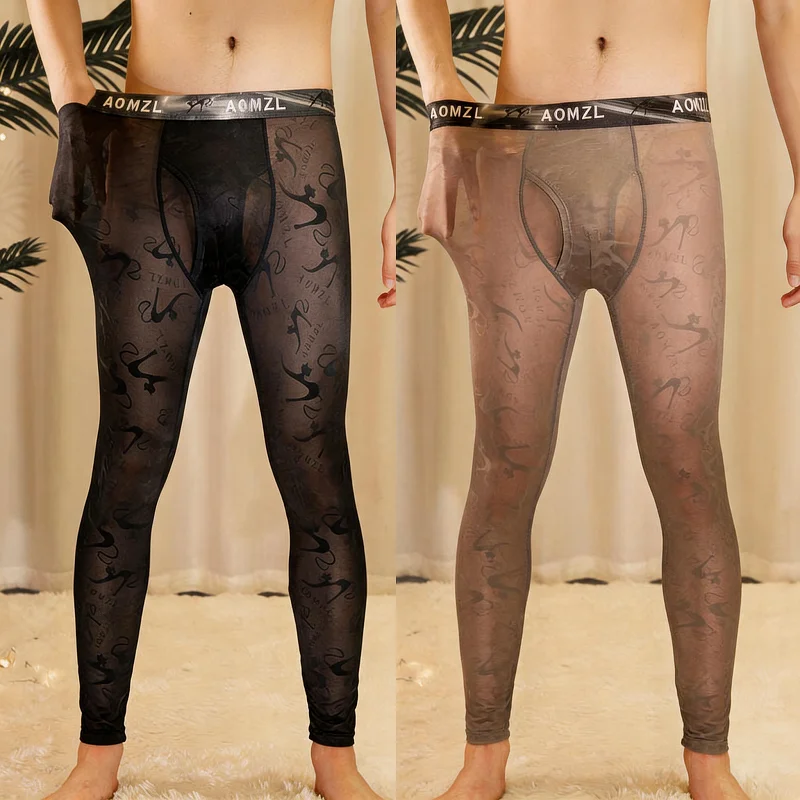 Men's Side Crotch Lace Ultra-Thin Breathable Long Johns Boxers Slim Fit Summer Gym Leggings Skinny Sexy Stokcings Sleep Bottoms
