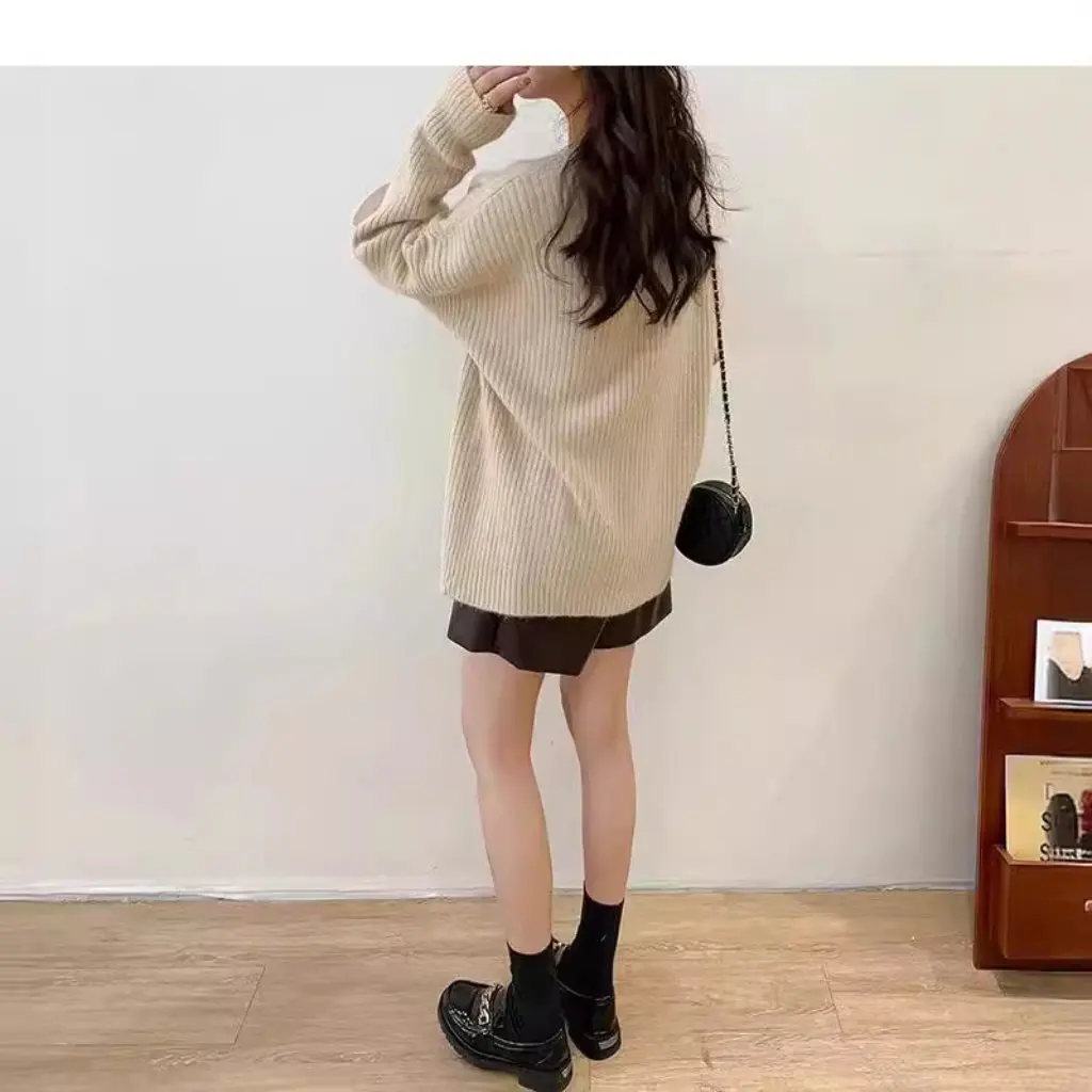 

Women's Loose V-Neck Knitted Pullover Sweater Solid Color Simple Style Autumn Winter Lazy Pit Design Top for Ladies