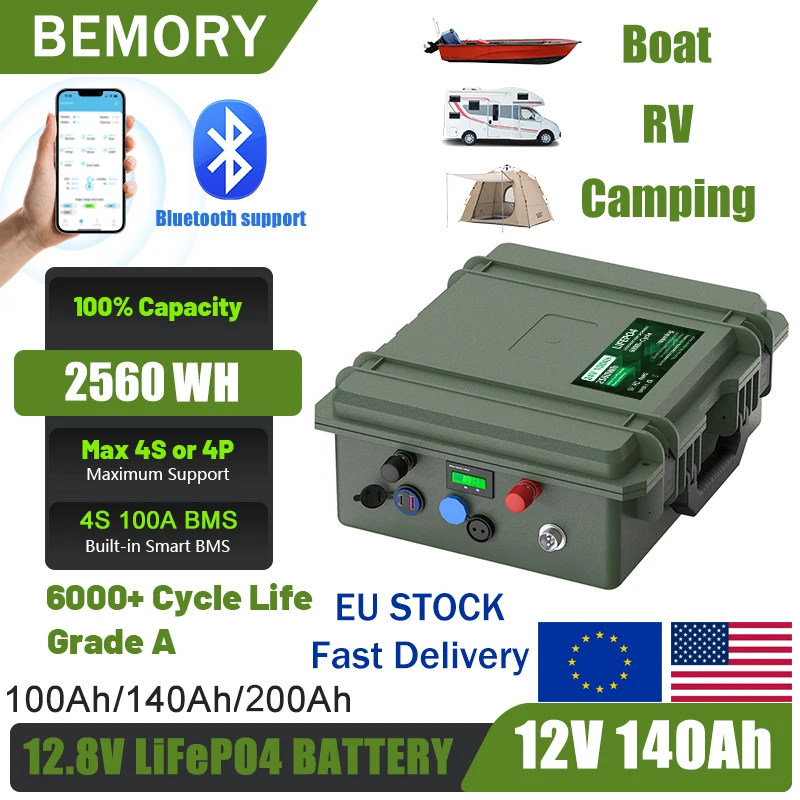 Batteria da pesca LiFePO4 12V 140Ah 100Ah 200Ah 12.8V 6000+ cicli con Bluetooth BMS Impermeabile Grand A Cells No Tax