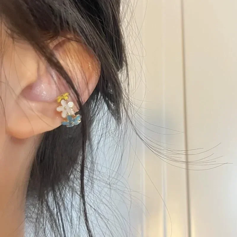1PC Kpop Goth Y2k Aesthetic Cute Vintage Glazed Colorful Flower Ear Cuff Earcuff Fake Piercing Earring Women Jewelry Accessories
