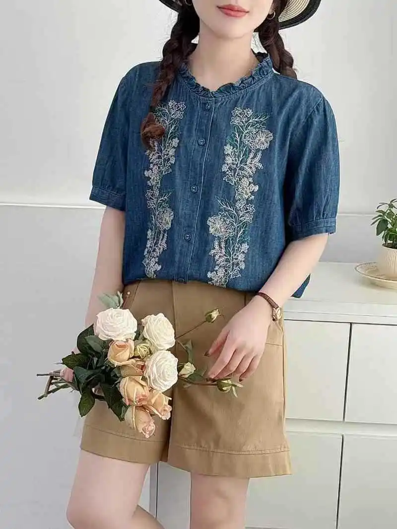 Summer New Japanese Vintage Ethnic Style Embroidery Denim Shirts Women Stand Collar Short Sleeve Casual Loose Blouse Tops