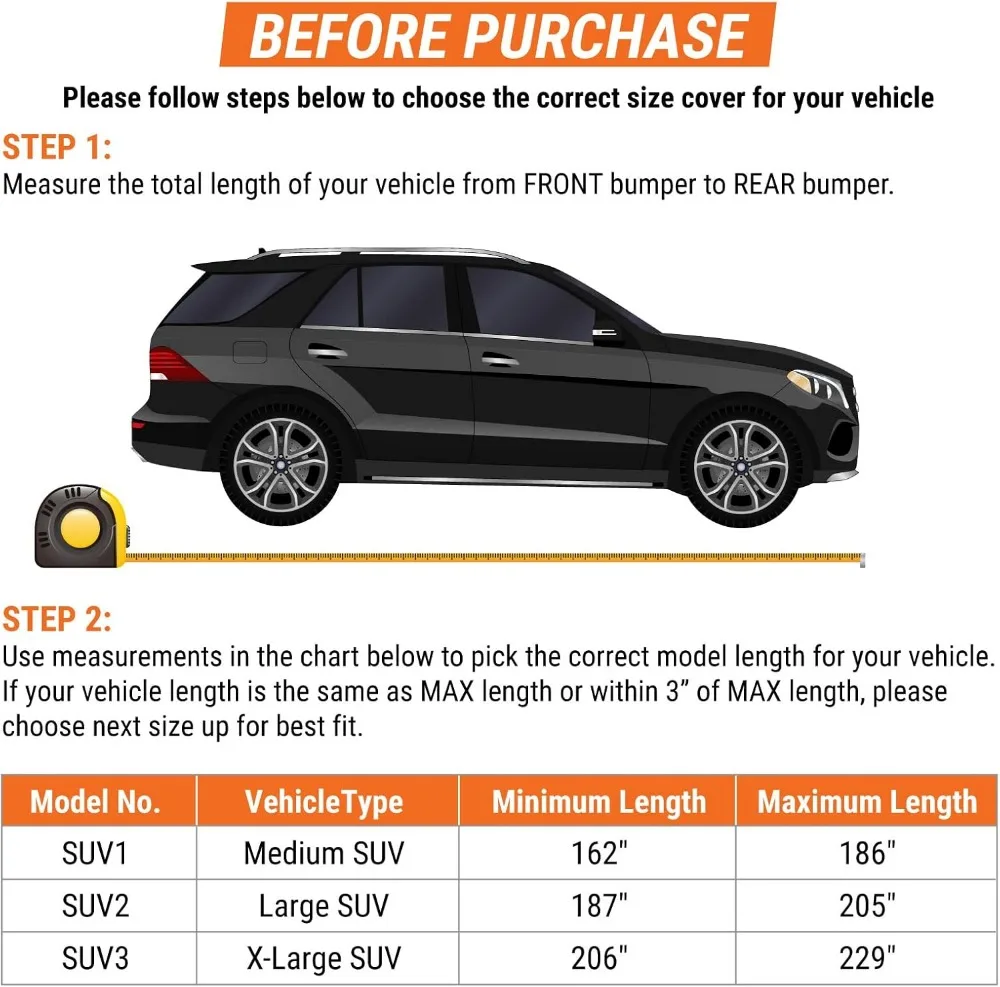 Heavy Duty All-Weather SUV Car Cover, Max Protection from Sun Rain Wind Snow, Fits SUVs up to 205", Grey