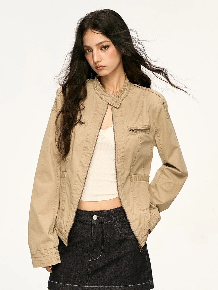 

Aaisup American Sle ort Jaet, женское повседневное пальто с воротником-стойкой, винтажный дизайн, осеннее универсальное свободное пальто с застежкой-молнией