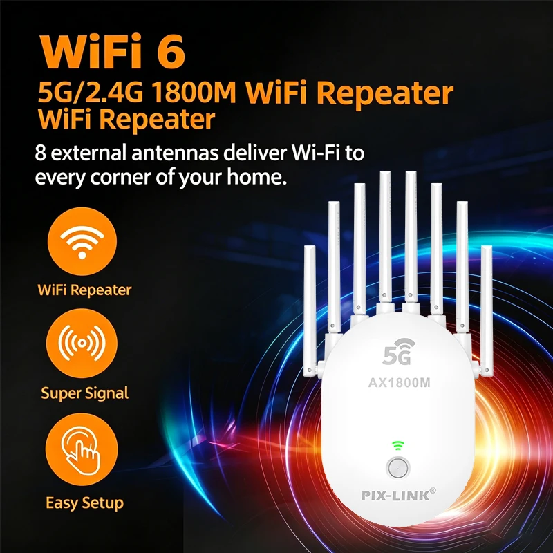 

PIX-LINK WiFi 6 репитер AX1800, двухдиапазонный (5 ГГц/2,4 ГГц) усилитель сигнала Wi-Fi с 8 антеннами, режим репитера/AP для дома