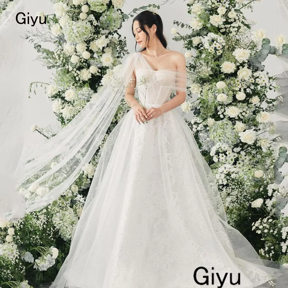 Giyu Fairy Lace Followers Korea Wedding Dress Photoshoot Strapless Tulle Shawl A-Line Floor-length 웨딩드레스 Bridal Gown