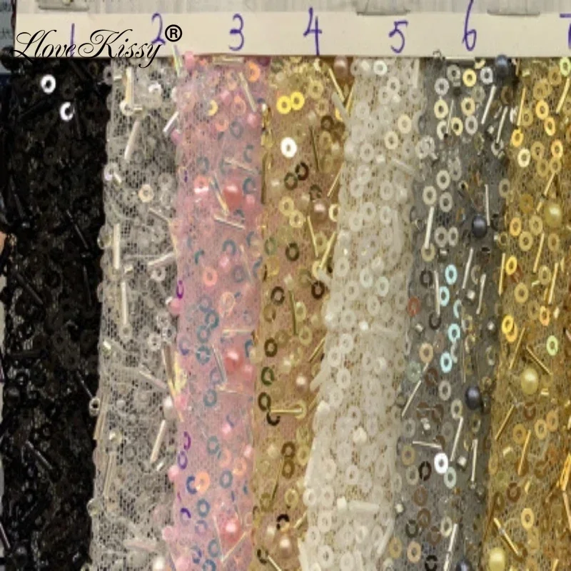 12 colores en Stock nuevas cuentas bordadas de malla + tela de lentejuelas de 3MM para vestidos de noche de boda tela bordada de cuentas ancho 125CM