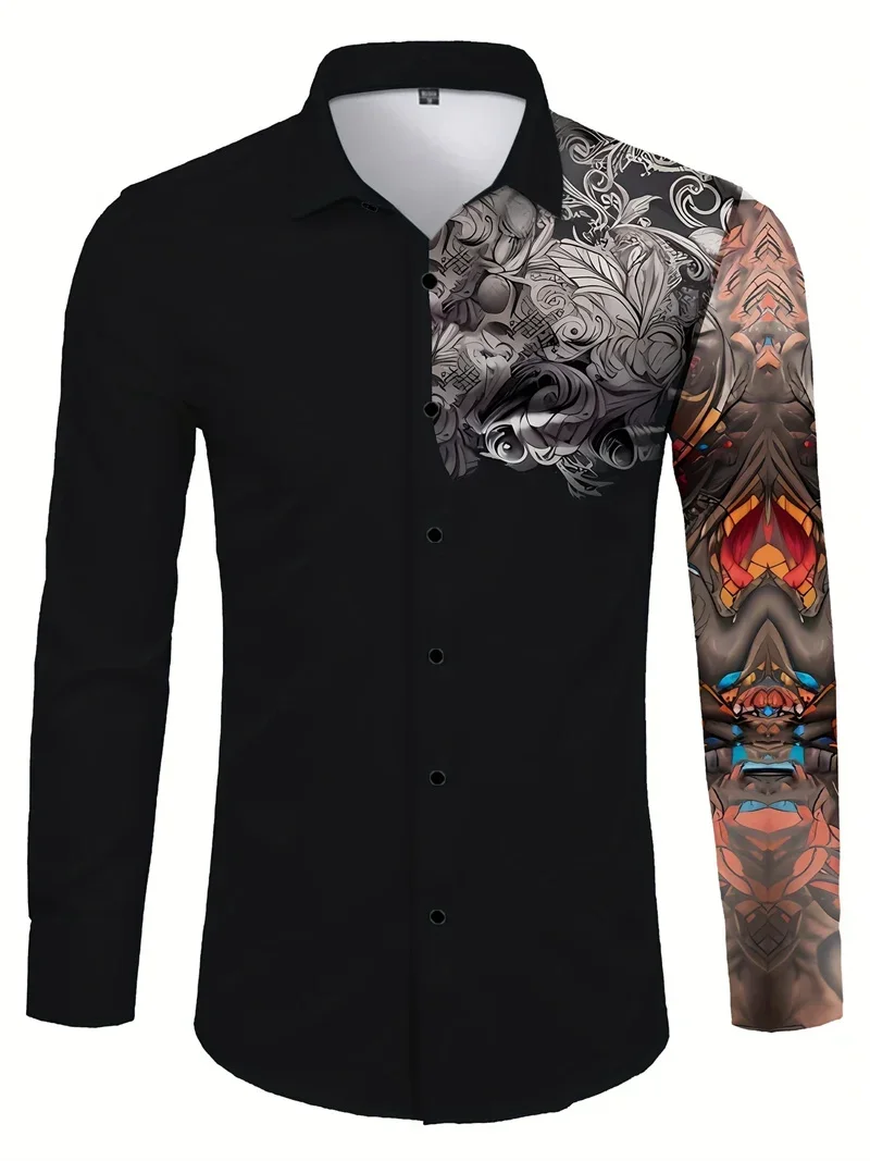 Men's Long-sleeved Lapel Buttons Natural Texture 3D Printing Slim Fit Regular Style Simple Business Casual Shirt Men Outdoor