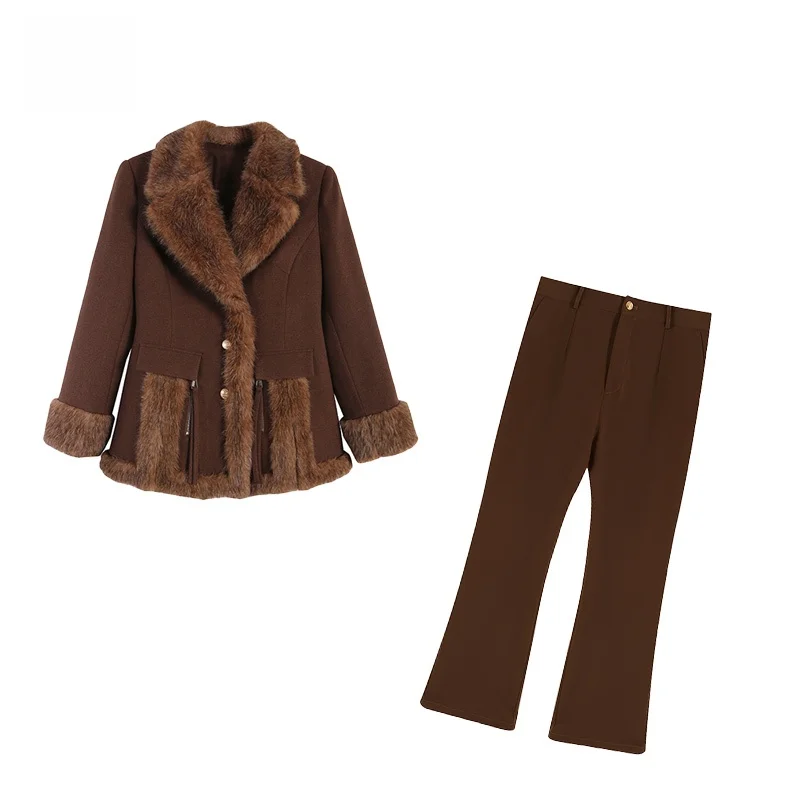 

Теплый комплект из хлопковой смеси: пальто и брюки с воротником из искусственного меха, расклешенные штанины, для женщин, повседневная одежда на все сезоны, доступны все размеры
