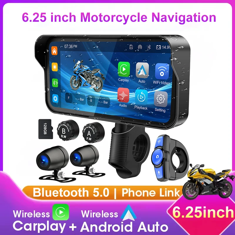 

6.25 inch Wireless CarPlay Moto Android Auto GPS Navigation Portable Digital Motorcycle Dashboard Display Screen Monitor DVR TP