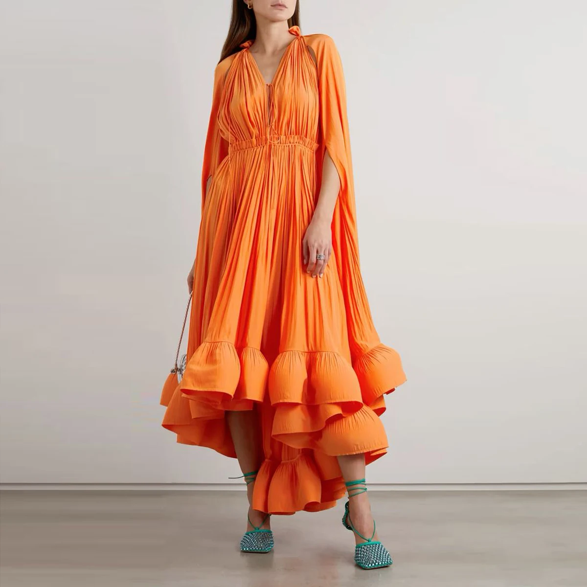 ชุดราตรีผ้าชีฟองสีส้มอัดพลีทสวยหรูชุดเดรสเครปยาวต่ำมีระบายฟูฟ่องชุดเดรสชุดเดรสปาร์ตี้สไตล์อาหรับทางการ