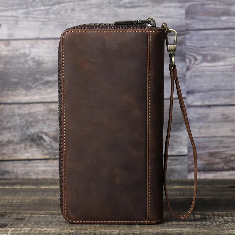 Fashionable British Style Top Layer Cowhide Crazy Horse Cowhide Men's Long Wallet Double Zipper Wrist Strap Carrying Men Wallets