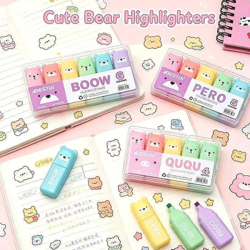 12 Pcs Kawaii Bear Highlighter Pens Cute Stationery Oblique Tip Candy Color Fluorescent Pastel Markers School Supplies